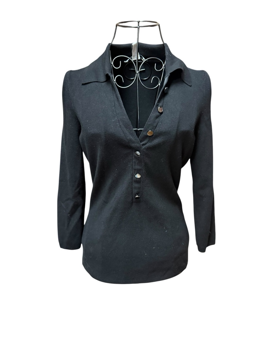 WHBM Black Collared Button-Front Knit Top STUD buttons Small